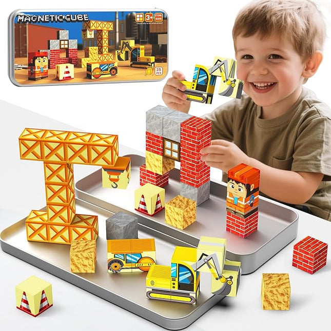 Magnetic Building Blocks for Kids, STEM Engineering Travel Toys with Portable Iron Box, Educational Construction Set for Toddlers Ages 3-8（35 Piece）