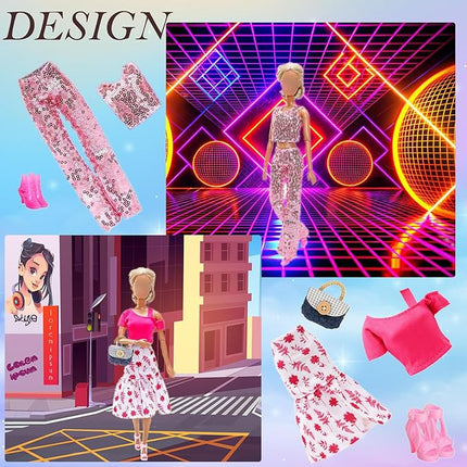 15 Pieces Fashion Doll Clothes & Accessories Set-6 Outfits Chic Suits Party Gown Dress Outfit Stylish Dress Casual Clothing 3 Accessories with 6 Pairs of Shoes,Glasses ,Bag for 11.5” Girl Dolls
