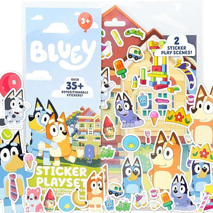 Horizon Group USA Bluey Sticker Playset, 2 Sticker Play Scenes, 35+ Reusable Puffy Bluey Repositionable Stickers for Kids, Perfect for Travel, Screen-Free Fun
