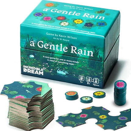 A Gentle Rain – Calming Tile-Laying Puzzle Game – Mindful Solo, 2-Player, or Cooperative Play in 15 Minutes – Soft-Touch Tiles & Wooden Blossoms – Compact, Giftable, Family-Friendly Board Game