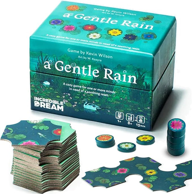 A Gentle Rain – Calming Tile-Laying Puzzle Game – Mindful Solo, 2-Player, or Cooperative Play in 15 Minutes – Soft-Touch Tiles & Wooden Blossoms – Compact, Giftable, Family-Friendly Board Game
