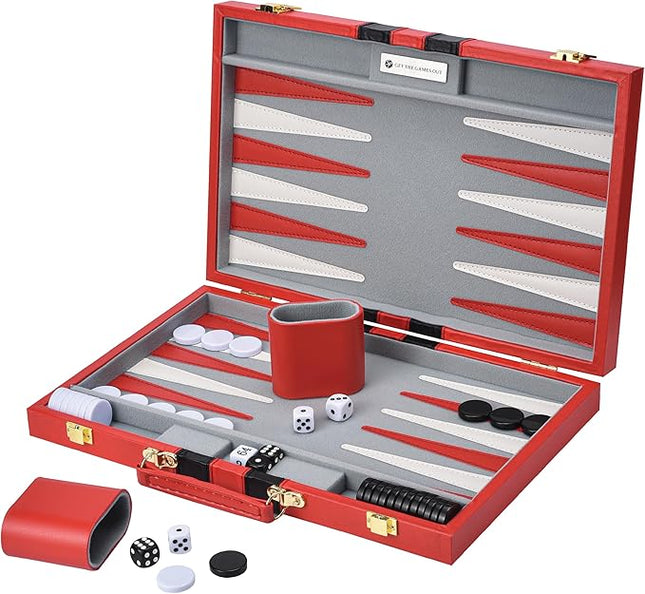 Get The Games Out Top Backgammon Set - Classic Board Game Case - Best Strategy & Tip Guide - Available in Small, Medium and Large Sizes (Red, Large)