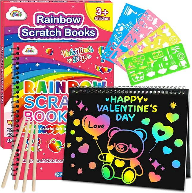ZMLM Scratch Paper Art-Crafts Gift: 2 Pack Rainbow Notebooks Supplies Toys Valentine's Day Gifts for 3 4 5 6 7 8 9 10 Years Old Girls and Boys Kids Birthday Party Games