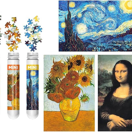 150 Puzzles Mini Jigsaw for Adults & Kids, 6 x 4 Small Capsule Tube Sets - Starry Night Mona Lisa Sunflower Pack