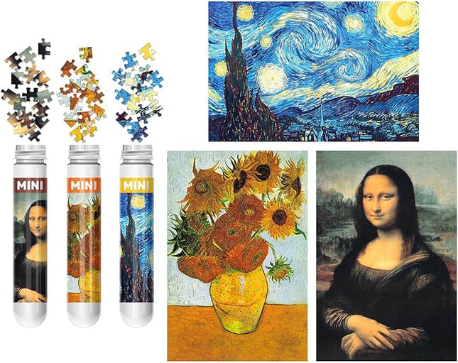 150 Puzzles Mini Jigsaw for Adults & Kids, 6 x 4 Small Capsule Tube Sets - Starry Night Mona Lisa Sunflower Pack