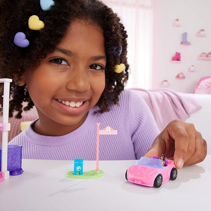 Barbie Mini BarbieLand Toy Vehicle Playset with 1.5-inch Doll & Convertible Car with Color-Change Surprise, Plus Street Sign Accessory