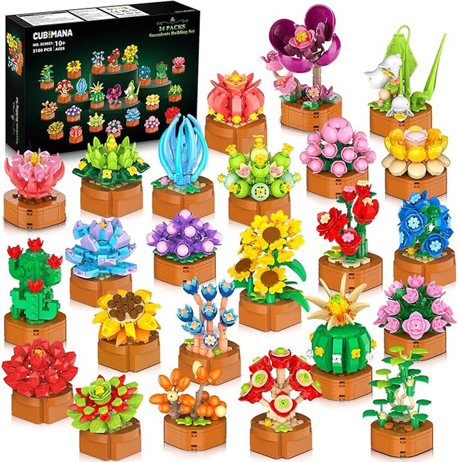 24 Pack Flowers Succulents Building Set - 2160PCS Botanical Collection 3.6MM Mini Flower Kit for Home Office Décor Plant Blocks Toy, Christmas Party Favors Gifts for Adults Women Kids 10+