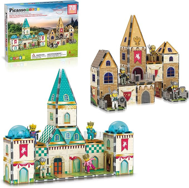 PicassoTiles 70pc Middle Age Medieval and Castle Theme Tile 2in1 8 Character Action Figures Magnet Tiles Building Block Pretend Magnetic Play Fine Motor Skill STEM Educational Construction Age3+ PTQ01