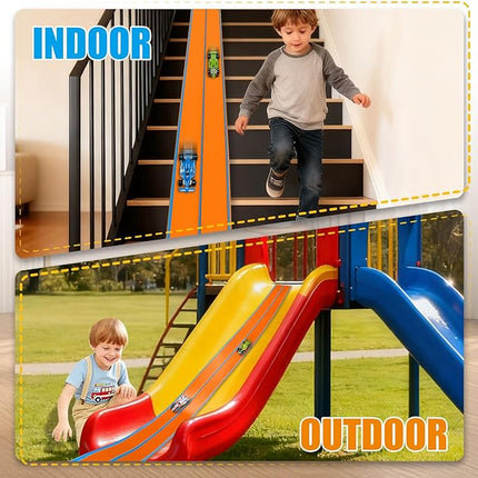 Flexible Race Track Toys for Kids 15 Ft with 4 Cars & Suction Cups, Portable Double Lane Racetrack Compatible with Hot Wheels & 1/64 Diecast Cars, Fun Car Ramp Track Set for Ages 3+(Orange & Blue)