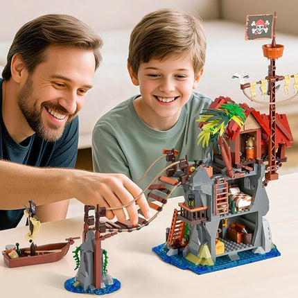 Pirate Cabin Building Sets for Adults,Pirate's House with Bridge and Ship in Island,Medieval Castle Skull Building Block Toy for Home Decor,Ideal Gift for Men Teens Kids Boys 8+(1044PCS)