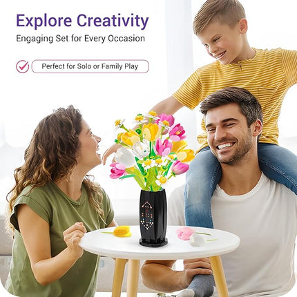 Building Block Flower Bouquet Set, 1250 Pieces, Artificial Tulips and Daisies with Vase, Home Decor Gift
