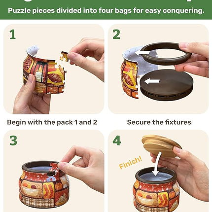 PieceRelax 3D Puzzle Jar 64 Plastic Pieces for Adults - Live Cozy - Wooden Lid Container for Kitchen Dining Study Living Room No Glue Requied Small [BC1021]