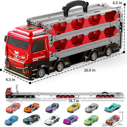 Toy Truck for 3 4 5 6 Years Old Kids Boys, 78-Inch Race Track Transport Vehicle and 12 Die-Cast Metal Toy Cars, Carrier Truck Toddler Truck Car Toys Set Gifts for Age 3-12 Years Old Kids Boys