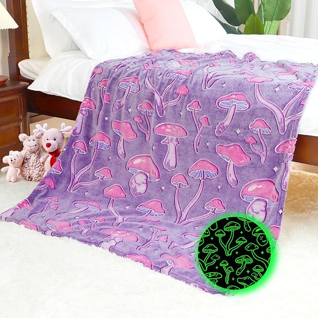 Twin Size Mushroom Blanket Glow in The Dark - Soft Fuzzy Purple Fleece Throw Cottagecore Bedding for Women Teens, Couch Sofa Home Decor 60x80inches