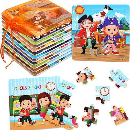 SANNIX 12 Pack Wooden Jigsaw Puzzles for Toddlers, Characters Puzzles for Kids Party Favors, Educational Puzzles Learning Travel Toy with 12 Organize Bags