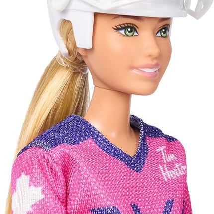 Tim Hortons' Barbie Doll PWHL 2025 Fashion Doll in Pink, Purple, & Teal Hockey Jersey, Includes Hockey Stick, Puck, and Helmet