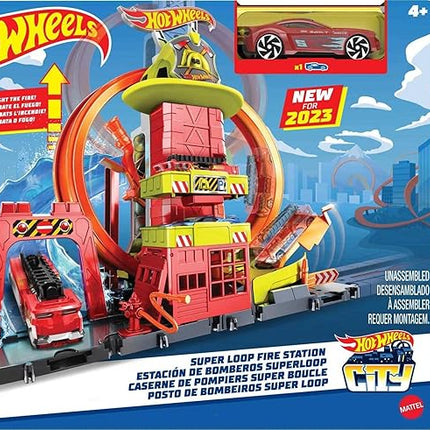 Hot Wheels City with 1 Toy Car, Kid-Powered Elevator, Water-Like Ramp, Track-Play Features, Connects to Other Sets, Fire Station with Super Loop (Amazon Exclusive)