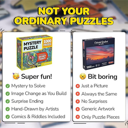 Odd Pieces Jigsaw Puzzles 1000 Pieces - Magic Mystery Story Secret Ending Puzzle - Perfect Game Night for Adults & Kids - Funny Space Cartoon Theme (AstroGastro)