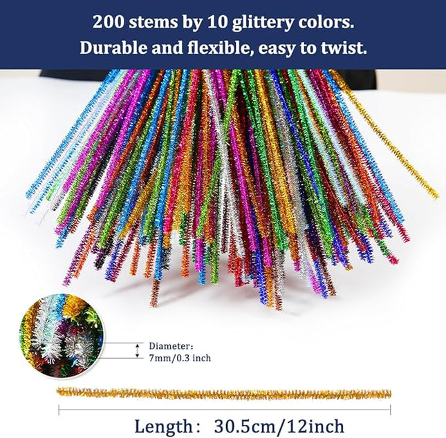 Bundooraking Pipe Cleaners, Glitter Pipe Cleaners Craft, Arts and Crafts, Crafts, Craft Supplies, Art Supplies (200 Metallic-Colored Glitter Pipe Cleaners)…