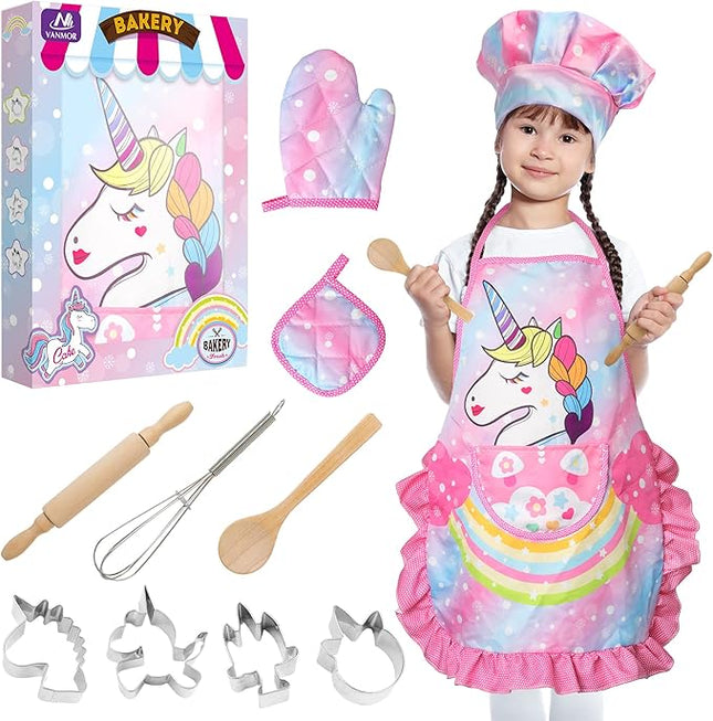 Vanmor Unicorn Kids Cooking and Baking Sets, 11Pcs Kids Aprons for Girls, Kids Chef Hat and Pink Apron, Mitt & Utensil for Toddler Dress Up Chef Costume Birthday Gifts for 3 4 5 6 7 8 Years Old Girls