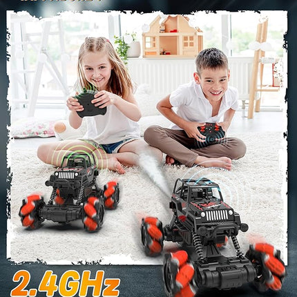 RC Stunt Car, Remote Control Car with 360° Rotation, Sideway Drift, Spray, All Terrain 4WD RC Stunt Hobby Cars for 6-12 Years Old Boys (Red)