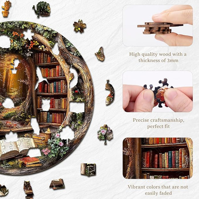 KAAYEE Wooden Puzzles for Adults, 3D Visual Effect Tree House Library Wooden Jigsaw Puzzle Unique Shape Wood Puzzle Adult, 3D Effect Flat Puzzle Birthday Family Games (S-8.5 * 8.5 in-100pcs)