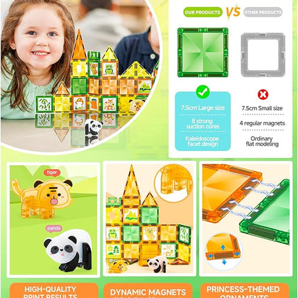 Magnetic Tiles - 47 Pcs Wildlife Building Blocks Set - Sensory Travel Toys for Toddler - STEM Construction Playboards Stacking Toy - DIY Window Art - Birthday Gifts for Boy, Girl