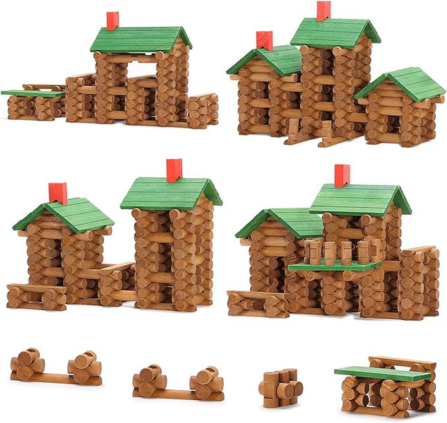 SainSmart Jr. 665 PCS Wooden Log Cabin Set Building House Toy for Toddlers, Classical STEM Construction Kit Compatible with Lincoln Logs for 3+ Kids