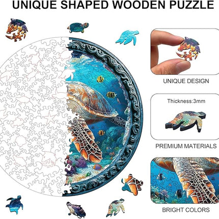 Wooden Puzzle for Adults – Unique Sea Turtle-Shaped Jigsaw, Ocean Animal Design Brain Teaser for Kid & Teen 220 Pieces, 10"x10", Ships as Whole Puzzle Board, Gift-Ready Box, Fun Family Game,
