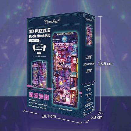 Tonecheer DIY Book Nook Kit for Adults, Wooden 3D Puzzle Bookend Bookshelf Insert Decor, Cyber Punk Booknook Miniature House Kit with Dust Cover and Body Motion Sensor LED (Cyber City)