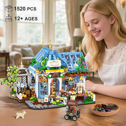 Flower Café House Building Set with LED, 1520 PCS Botanical Coffee Architecture with Openable Design, Floral Bakery Construction Model for Home Decor, Gift for Adults Women Teens Girl Boy 12+