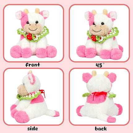 Hopearl Adorable Plush Cow Toy with Knitted Cute Strawberry Bib Floppy Dairy Cattle Soft Stuffed Animal Gifts for Boys Girls Kids Toddlers, Pink, 9''