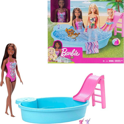 Barbie Doll & Pool Playset with Accessories that Include a Pink Slide, Beverages & Towel, Brunette Fashion Doll in Floral Swimsuit