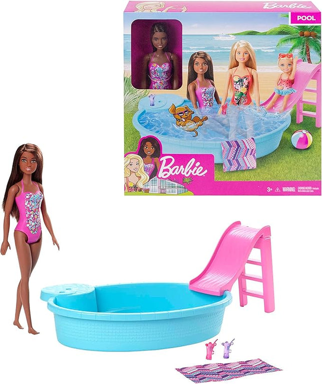 Barbie Doll & Pool Playset with Accessories that Include a Pink Slide, Beverages & Towel, Brunette Fashion Doll in Floral Swimsuit