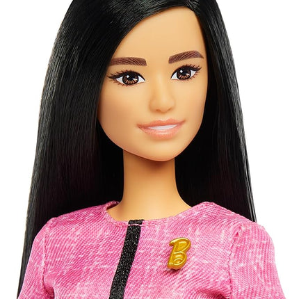 Barbie Careers Doll & Accessories, Future Leader with Black Hair Wearing Outfit with 2 Golden Bracelets & “B” Pin, Includes Sticker for Kids