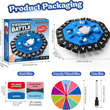 Family Board Word Games for Kids & Adults w/Display Timer, Fast Paced 24-Letter Learning Party Card Game with Spinning Penalty Wheel, 2 Modes & 220 Topics, Xmas & Birthday Gifts, Blue