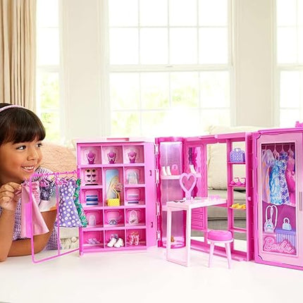 Barbie Dream Closet Toy Playset with Clothes & Accessories, 3-ft-Wide with 25+ Pieces, 4 Complete Fashion Looks