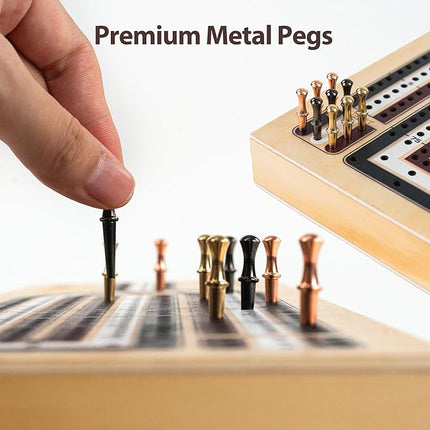 Cribbage Board Game Set, 3-Track Premium Wooden Cribbage Board with Magnetic Lock & Large Storage, 9 Metal Pegs, 2 Decks of Playing Cards - Classic Board Games for Adults Family (Instruction Include)