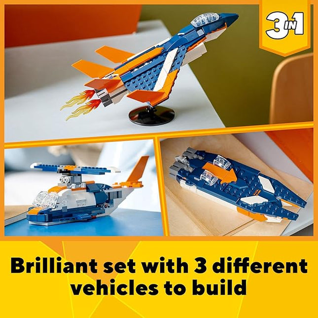 LEGO Creator 3 in 1 Supersonic Jet Plane Toy Set, Transforms from Plane to Helicopter to Speed Boat Toy, Buildable Vehicle Models for Kids, Boys and Girls 7 Plus Years Old, 31126