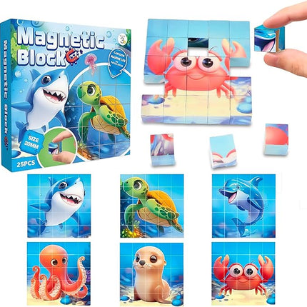 Magnetic Blocks Building Toy,Ritastar 25pcs Mine Stacking Magnet Build Cubes Cartoon Pattern World,STEM Sensory Construction Toys for Kids Gift,Educational Jigsaw Puzzle Set with 3D Sea Animal Designs