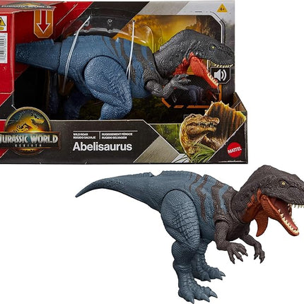 Mattel Jurassic World Rebirth Wild Roar Dinosaur Toy, Abelisaurus Posable Figure, Tail-Controlled Chomp Multi-Direction Attack & Sound, Digital Play