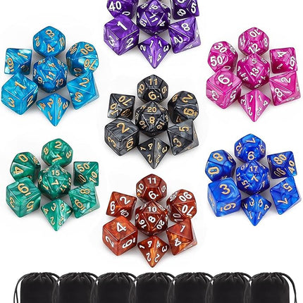 QMay Polyhedral Dice Set - 7 x 7 (49 Pieces) DND Dice with 7PCS Black Drawstring Bags Great for Dungeons and Dragons, RPG, MTG,Role Playing Table Games D4 D6 D8 D10 D% D12 D20