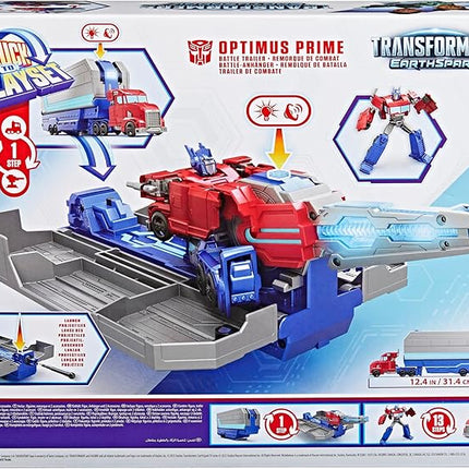 Transformers EarthSpark Optimus Prime Battle Trailer Playset with Action Figure, Lights and Sounds, Electronic Truck Toys for Kids 6 and Up