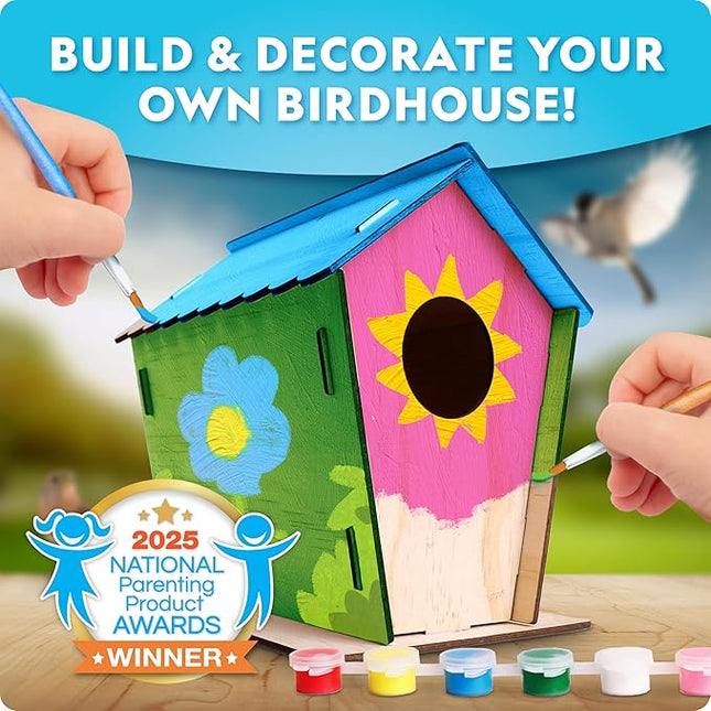 National Geographic Build Your Own Birdhouse Kit – DIY Wooden Birdhouse Craft with Paints, Brush, Bird-Watching Journal & Educational Poster for Kids, Bird House Craft