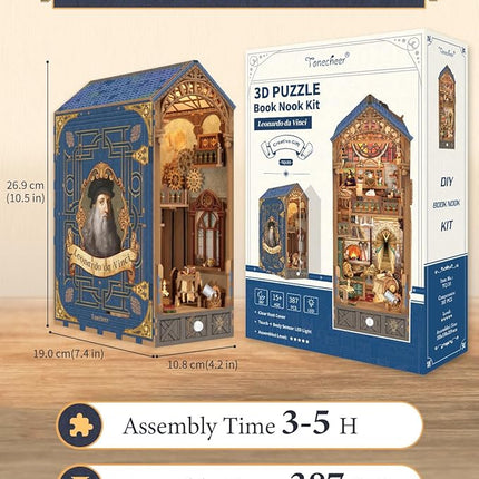 Tonecheer DIY Book Nook Kit for Adults, 3D Puzzle Wooden Miniature House Kit, Booknook Dollhouse Bookshelf Insert Decor Bookend with Dust Cover and LED Lights Gifts (Leonardo da Vinci)
