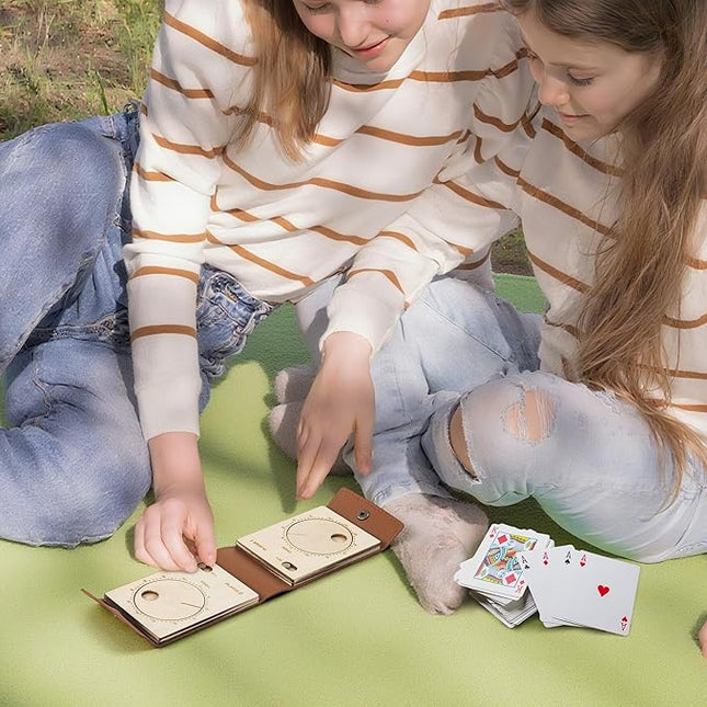 Travel Cribbage Board Game Set, Portable Unique Peg-Free Cribbage Board, Leather & Magnetic Rotating Wood Scoreboard with Playing Cards, Pocket Sized Tiny Card Game Board