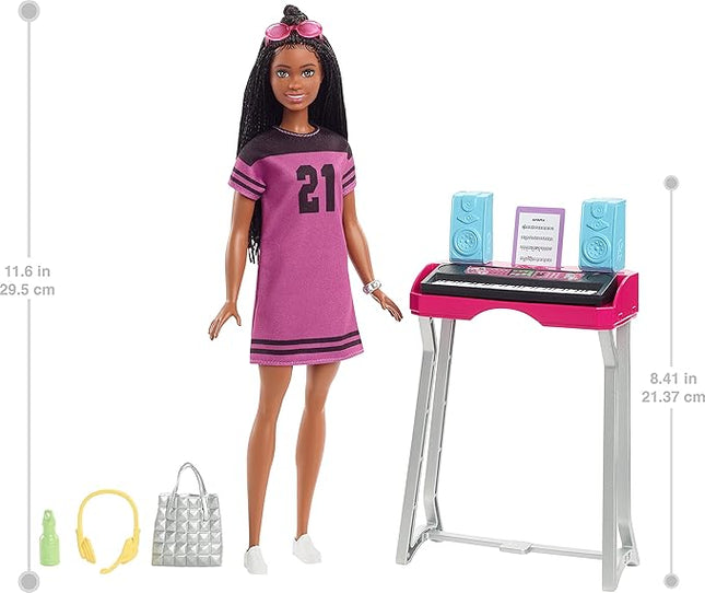 Barbie: Big City, Big Dreams Brooklyn” Roberts Doll (11.5-in, Brunette with Braids) & Music Studio Playset with Keyboard & Accessories, Gift for 3 to 7 Year Olds