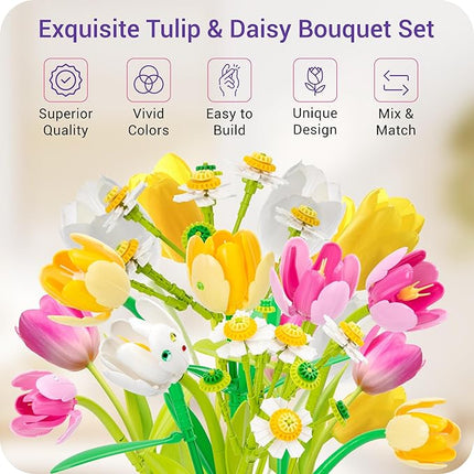 Building Block Flower Bouquet Set, 1250 Pieces, Artificial Tulips and Daisies with Vase, Home Decor Gift