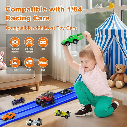 Flexible Race Car Track for Kids, 16.5 Ft Long Bendable Racetrack with Suction Cups, Compatible with Hot Wheels and 1:64 Diecast Cars, Portable Montessori STEM Toy for Boys & Girls (Racing Blue)