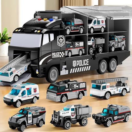 Toddler Boys Toys for 3 4 5 6 Years Old, Police Truck Vehicle Toy Set with Play Mat and Die-Cast Toy Car, Transport Carrier Truck for Kids, Birthday Gifts Toys for 3 4 5 6 7 8+ Year Old Boys